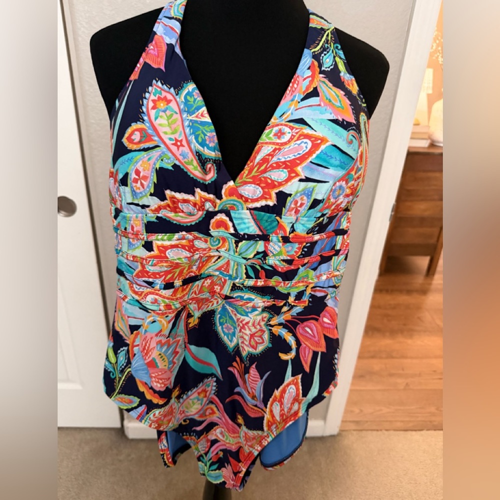 La Blanca Navy Multicolor Paisley Halter One-Piece Swimdress